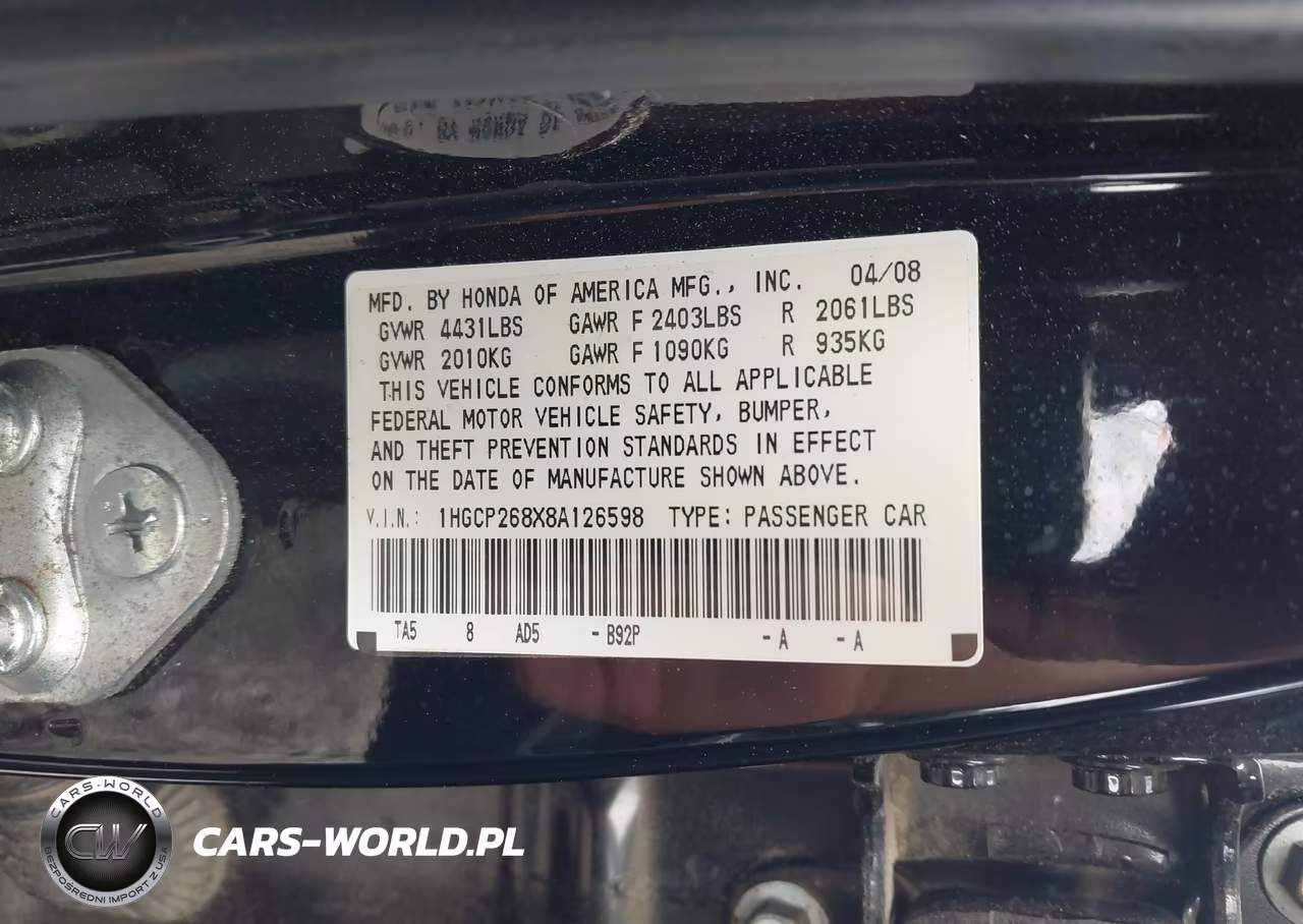 2008 Honda Accord 2.4 Ex-L VIN:1HGCP268X8A126598 - 9