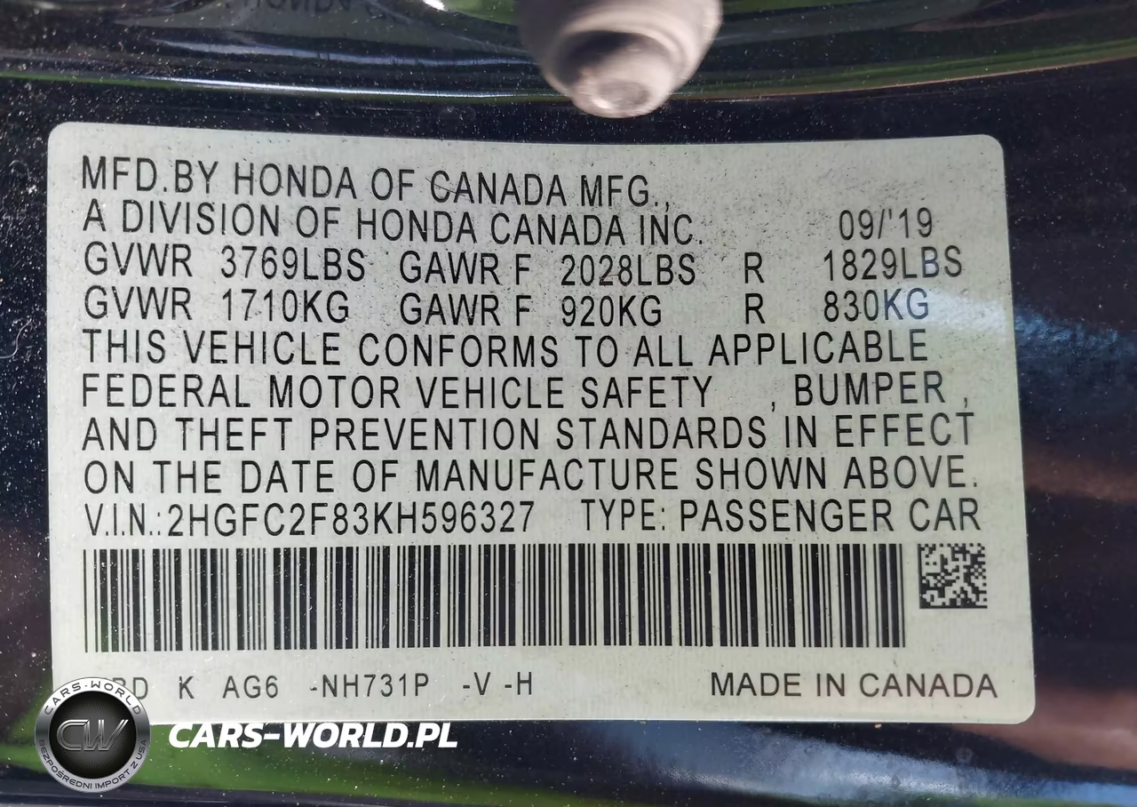 2019 Honda Civic Sport VIN:2HGFC2F83KH596327 - 9