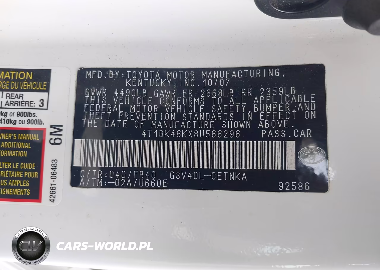 2008 Toyota Camry Le V6 VIN:4T1BK46KX8U566296 - 9