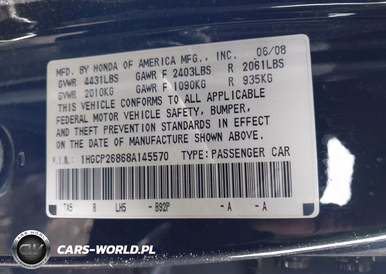 2008 Honda Accord 2.4 Ex-L VIN:1HGCP26868A145570 - 9