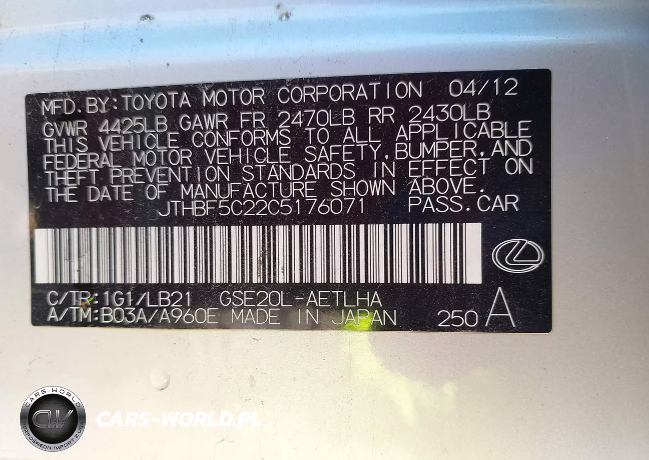 2012 Lexus Is 250 VIN:JTHBF5C22C5176071 - 9