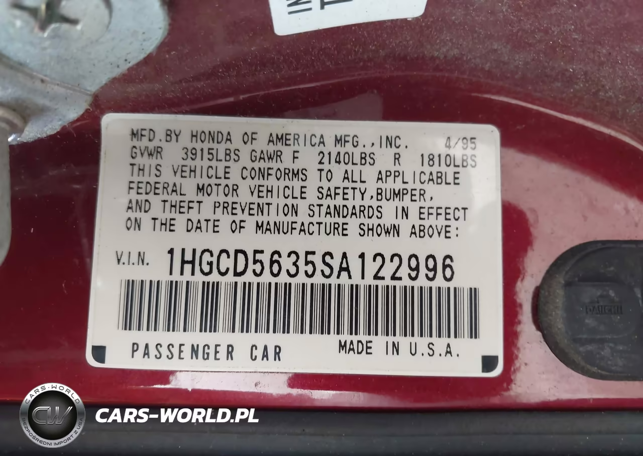 1995 Honda Accord Lx-Ex VIN:1HGCD5635SA122996 - 9