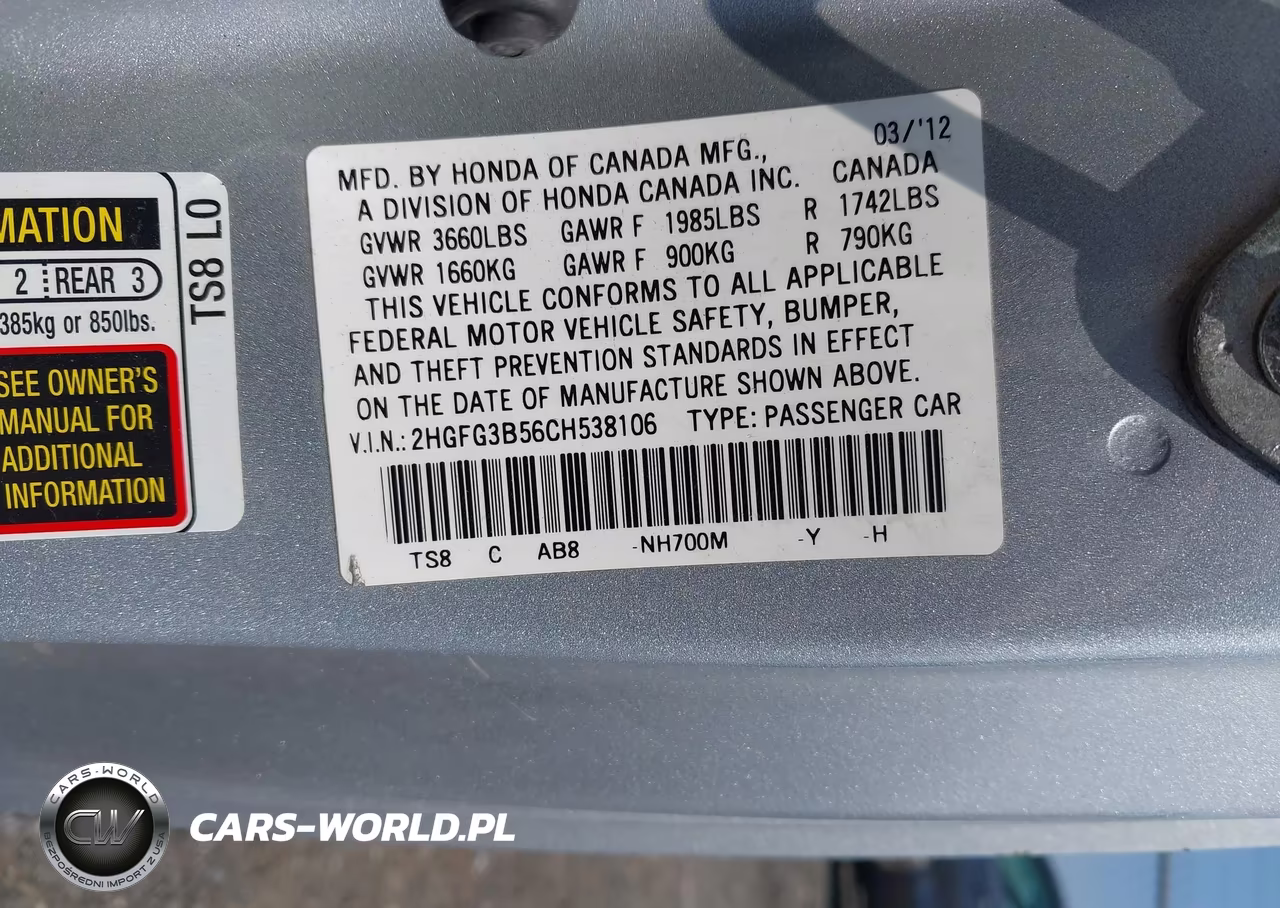 2012 Honda Civic Lx VIN:2HGFG3B56CH538106 - 9