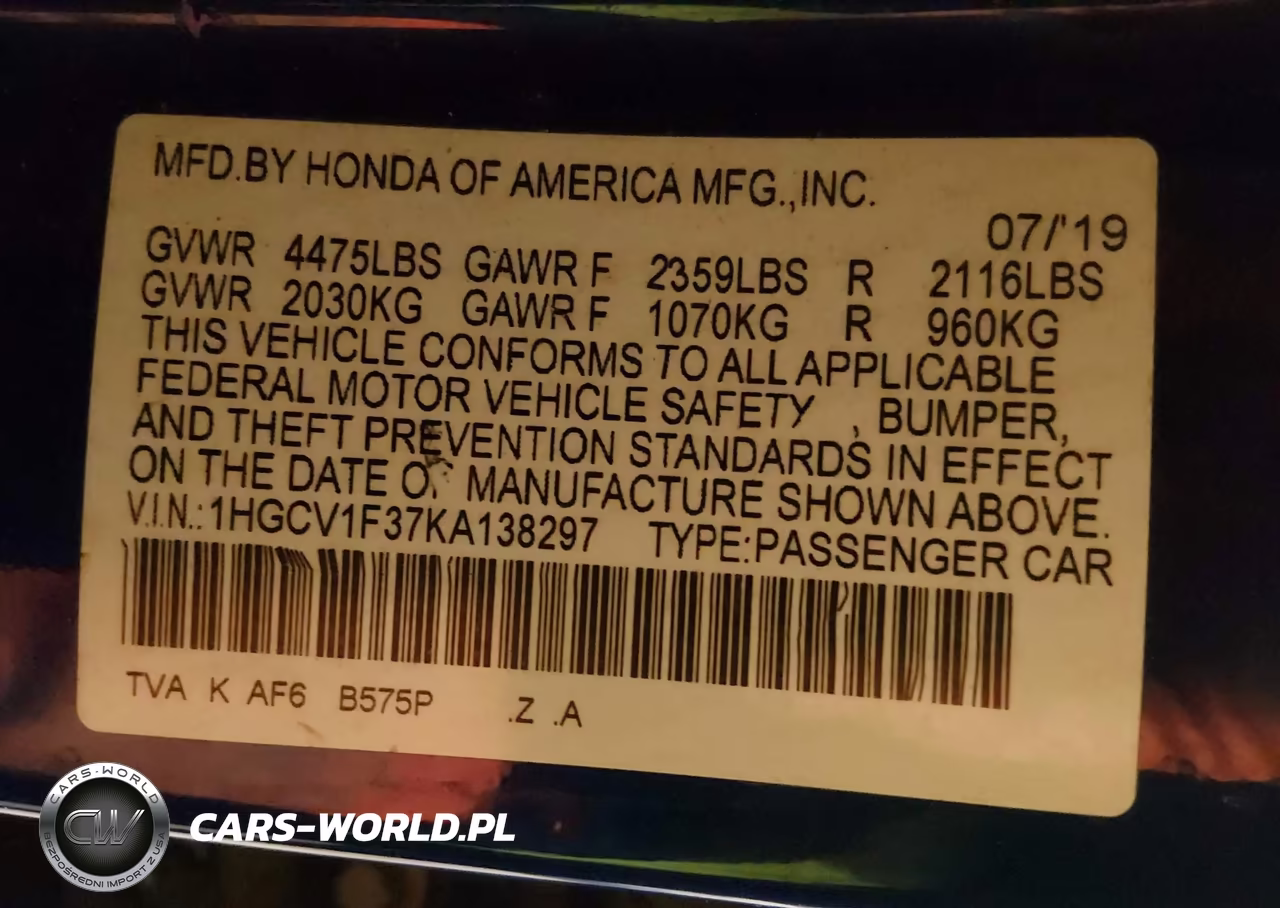 2019 Honda Accord Sport VIN:1HGCV1F37KA138297 - 9