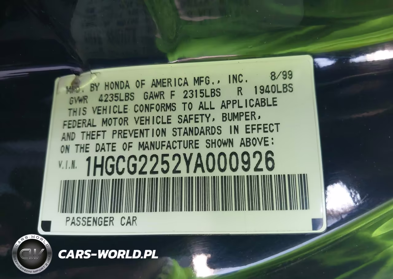 2000 Honda Accord 3.0 Ex VIN:1HGCG2252YA000926 - 9