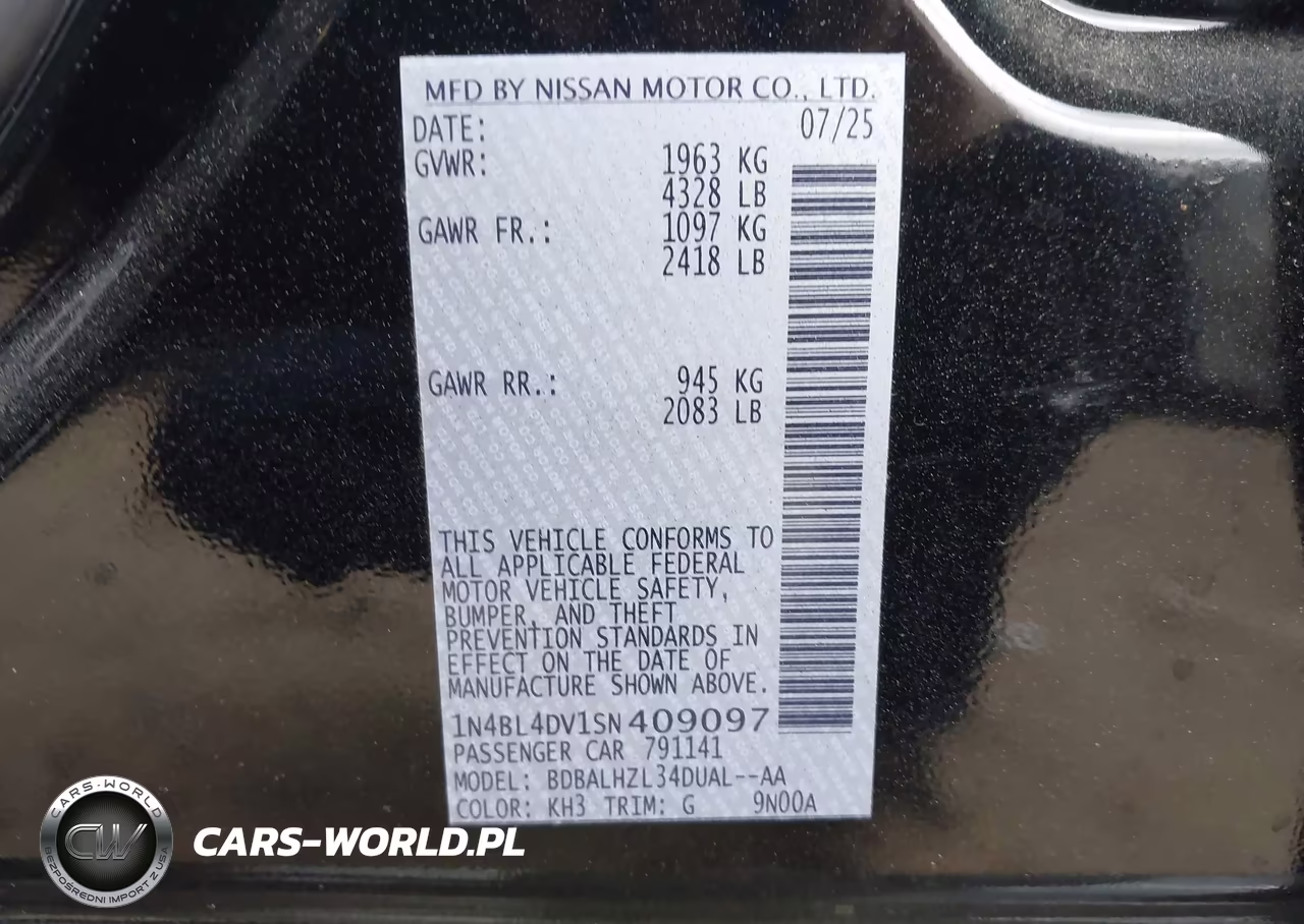 2025 Nissan Altima Sv Fwd VIN:1N4BL4DV1SN409097 - 9