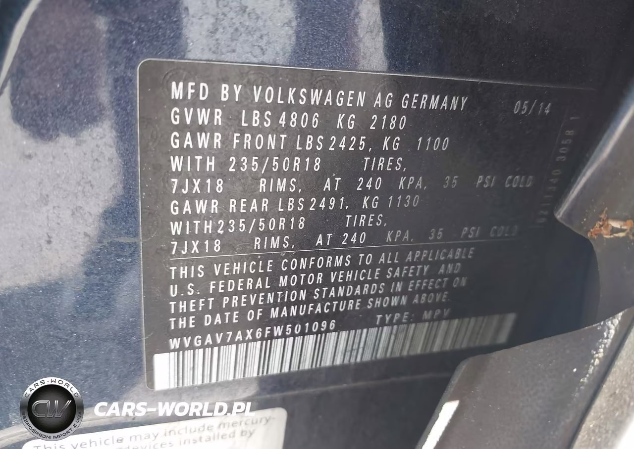 2015 Volkswagen Tiguan Sel VIN:WVGAV7AX6FW501096 - 9
