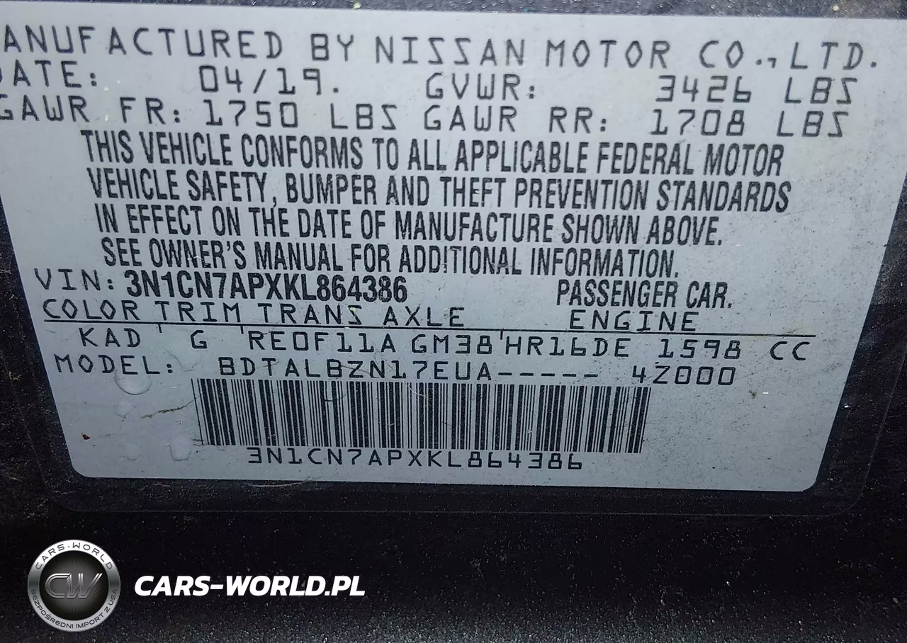2019 Nissan Versa 1.6 Sv VIN:3N1CN7APXKL864386 - 9