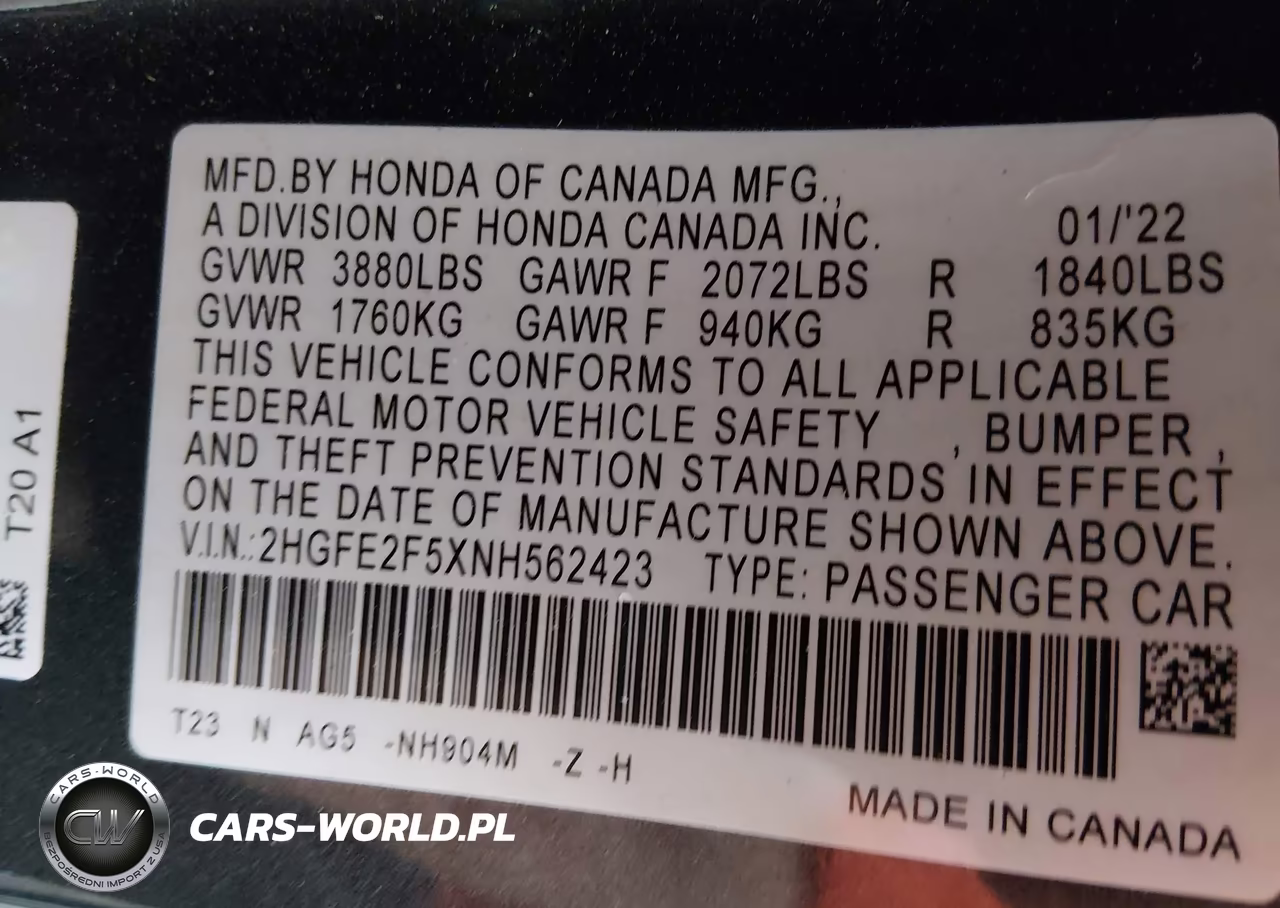 2022 Honda Civic Sport VIN:2HGFE2F5XNH562423 - 9