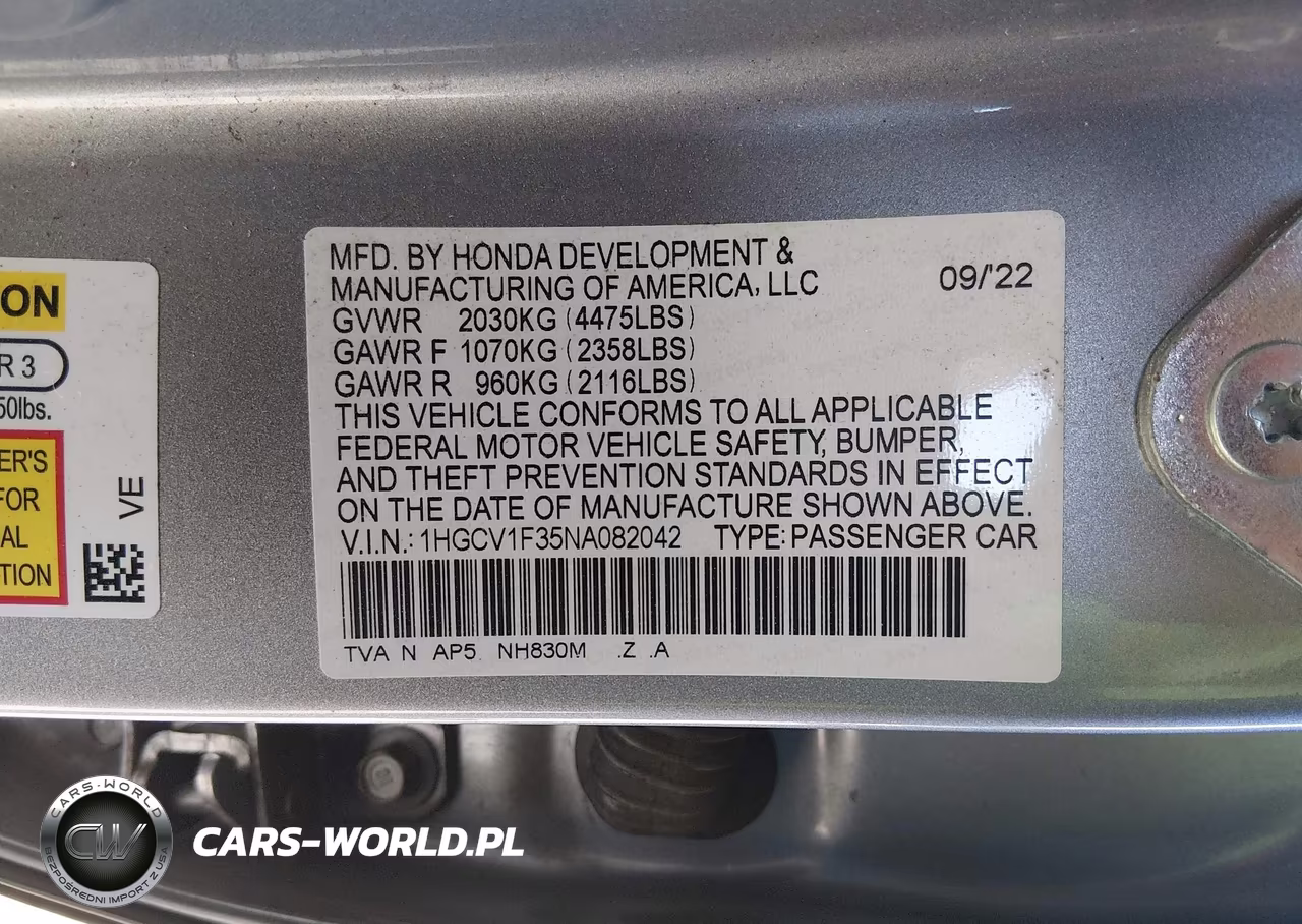 2022 Honda Accord Sport VIN:1HGCV1F35NA082042 - 9