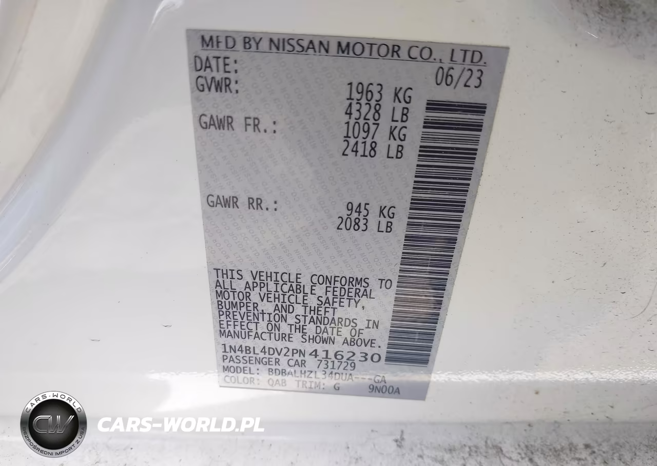 2023 Nissan Altima Sv Fwd VIN:1N4BL4DV2PN416230 - 9