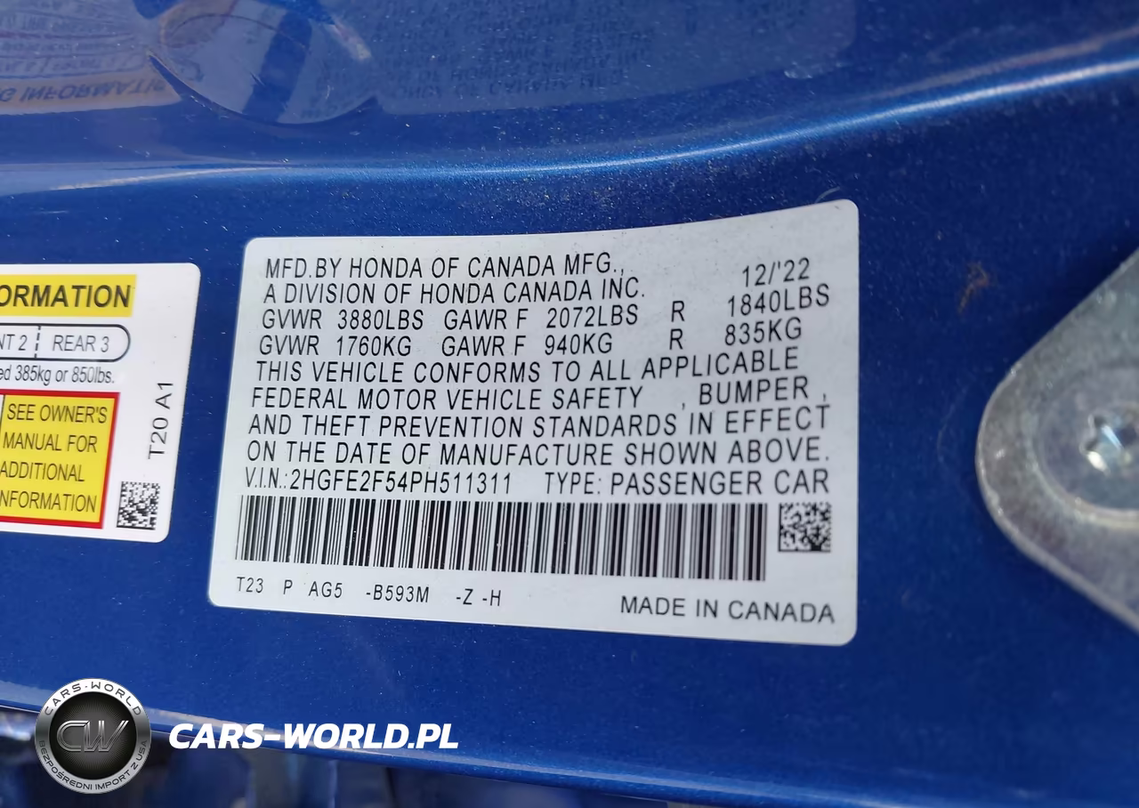 2023 Honda Civic Sport VIN:2HGFE2F54PH511311 - 9