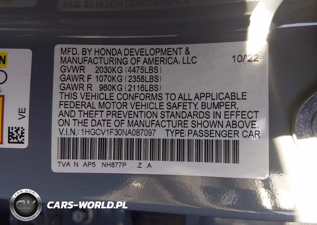 2022 Honda Accord Sport VIN:1HGCV1F30NA087097 - 9
