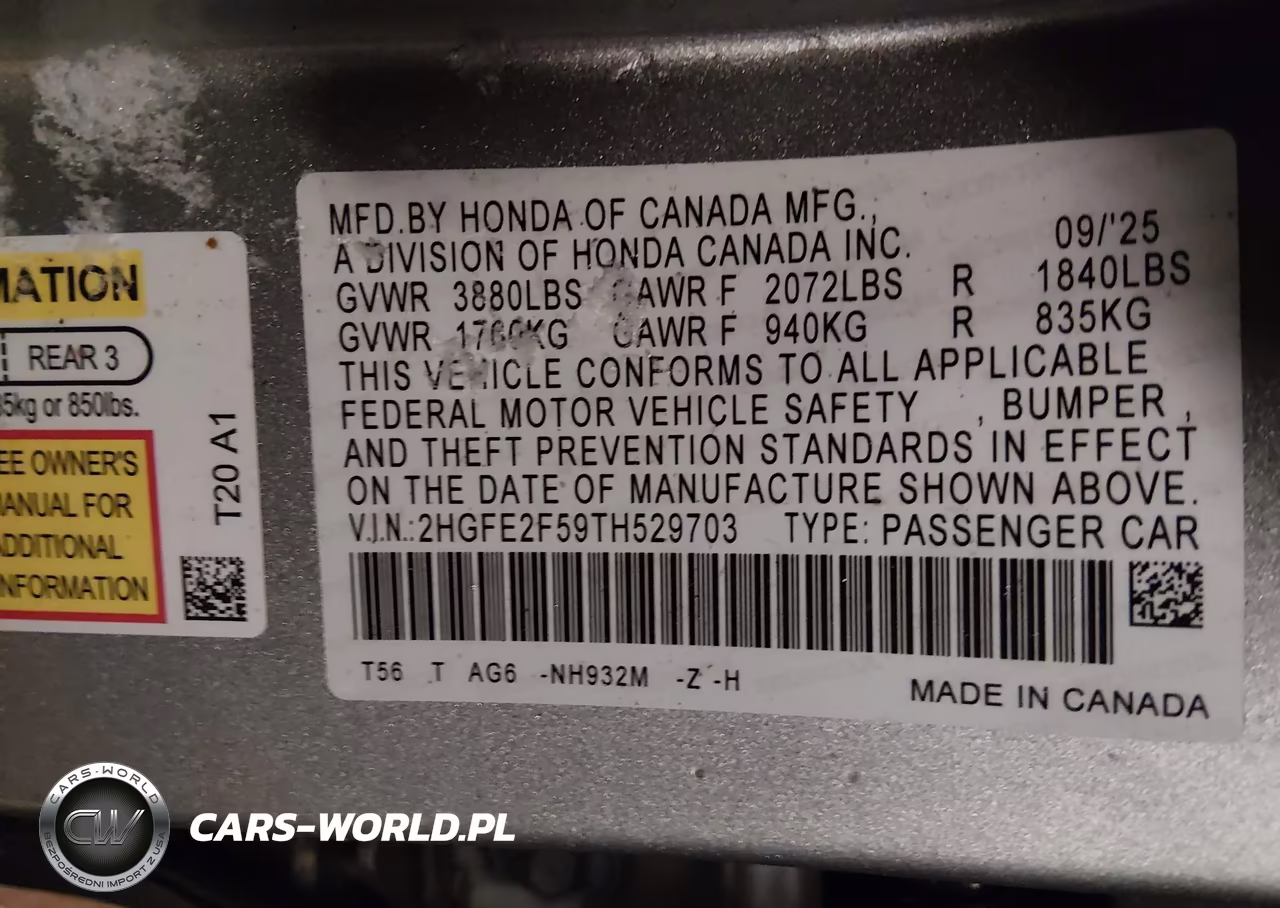 2026 Honda Civic Sport VIN:2HGFE2F59TH529703 - 9