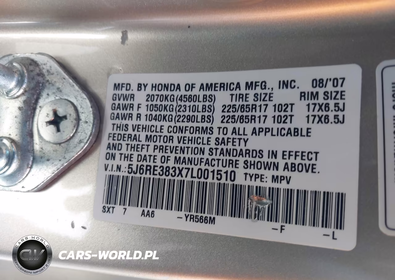 2007 Honda Cr-V Lx VIN:5J6RE383X7L001510 - 9