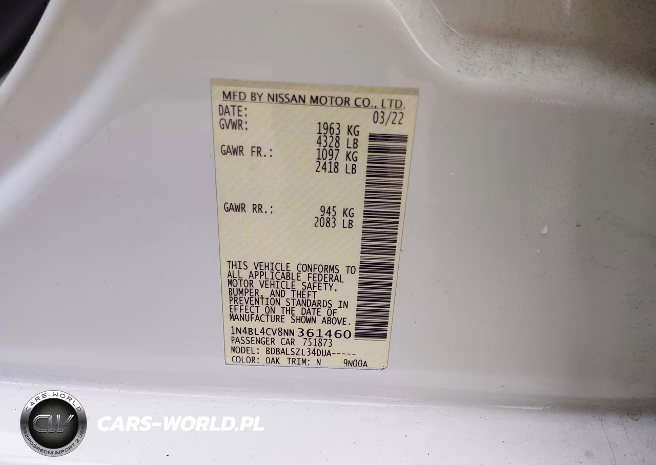 2022 Nissan Altima Sr Fwd VIN:1N4BL4CV8NN361460 - 9