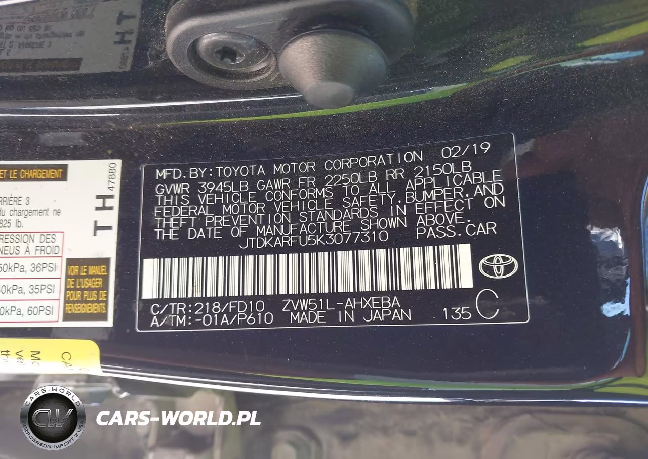 2019 Toyota Prius Le VIN:JTDKARFU5K3077310 - 9