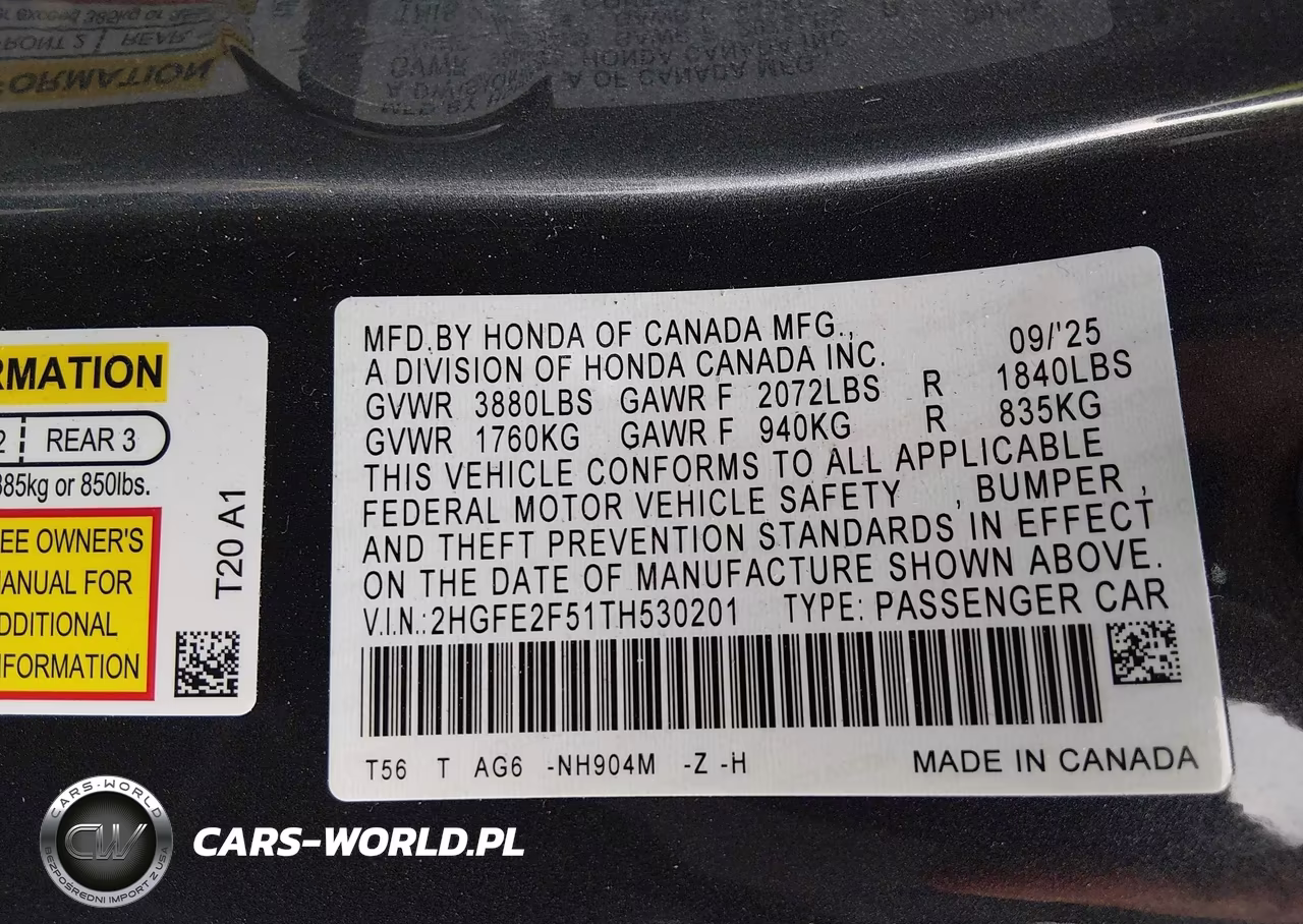2026 Honda Civic Sport VIN:2HGFE2F51TH530201 - 9