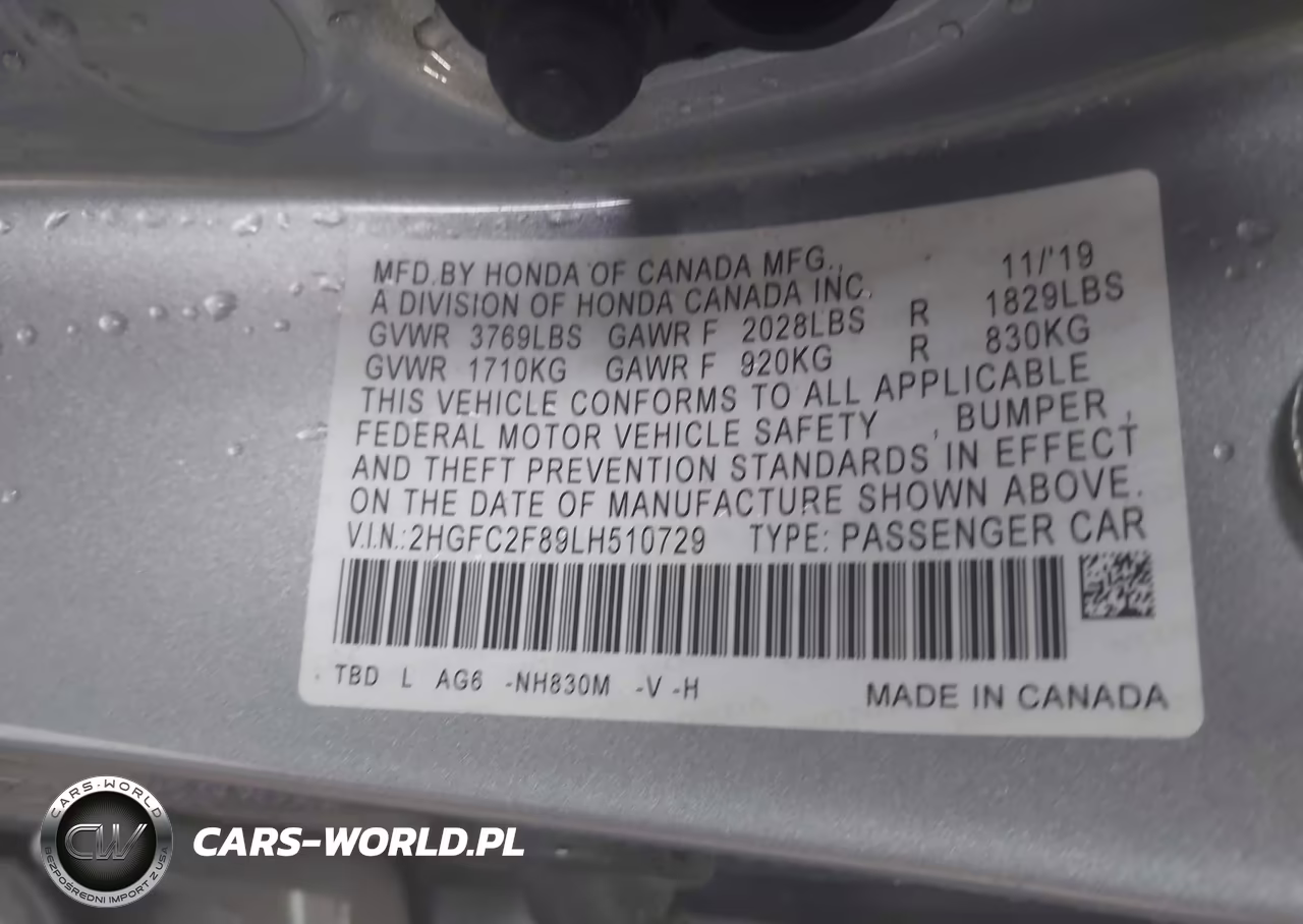 2020 Honda Civic Sport VIN:2HGFC2F89LH510729 - 9