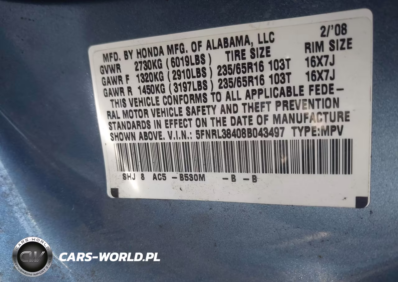 2008 Honda Odyssey Ex VIN:5FNRL38408B043497 - 9