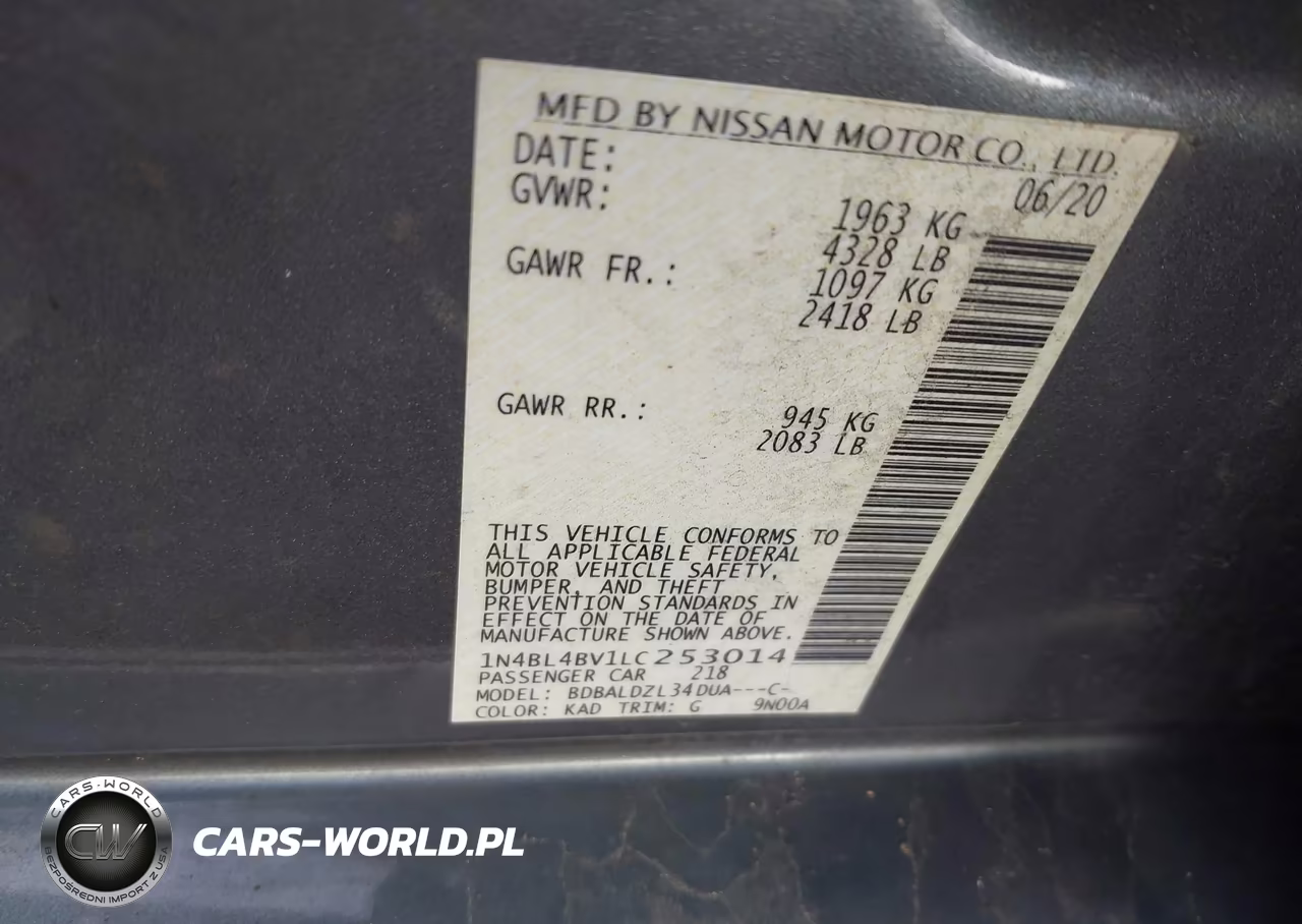 2020 Nissan Altima S Fwd VIN:1N4BL4BV1LC253014 - 9
