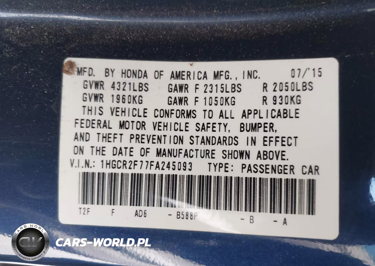 2015 Honda Accord Ex VIN:1HGCR2F77FA245093 - 9
