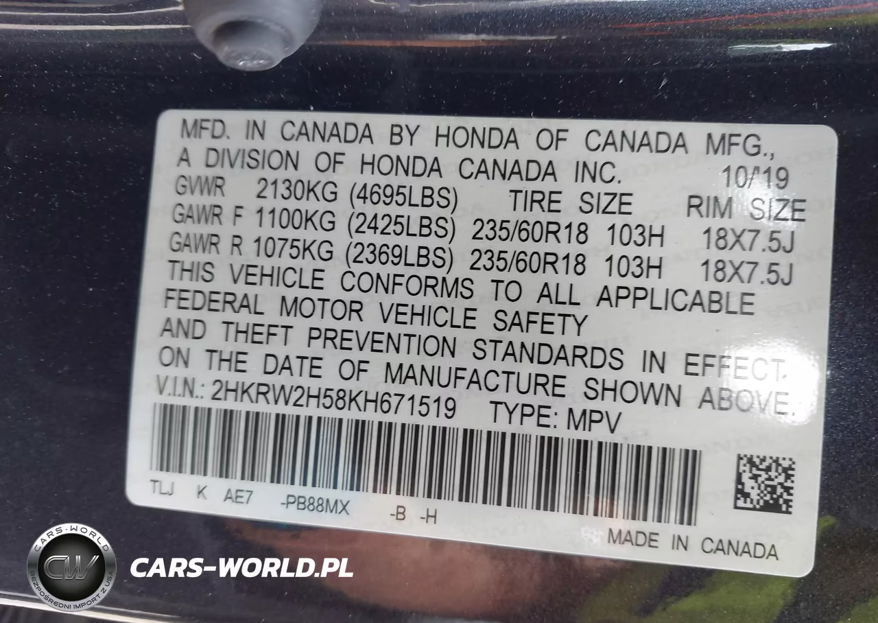 2019 Honda Cr-V Ex VIN:2HKRW2H58KH671519 - 9