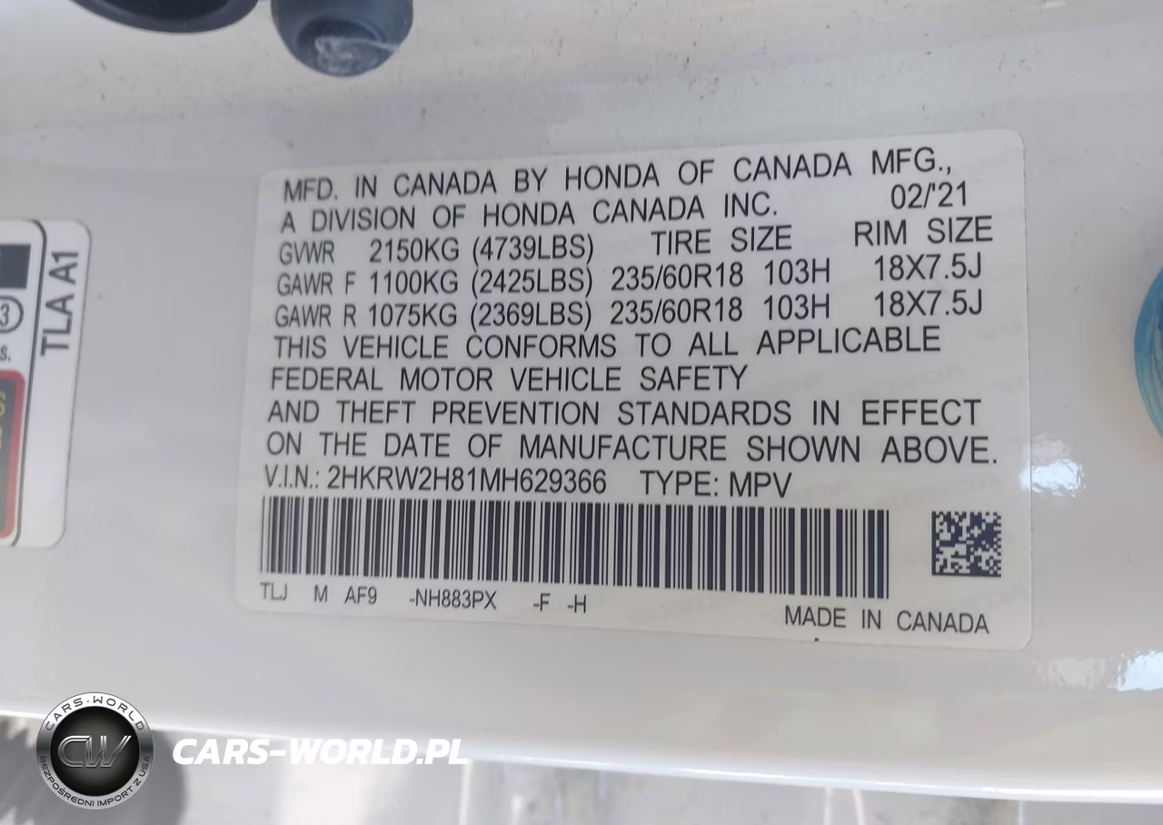 2021 Honda Cr-V Awd Ex-L VIN:2HKRW2H81MH629366 - 9