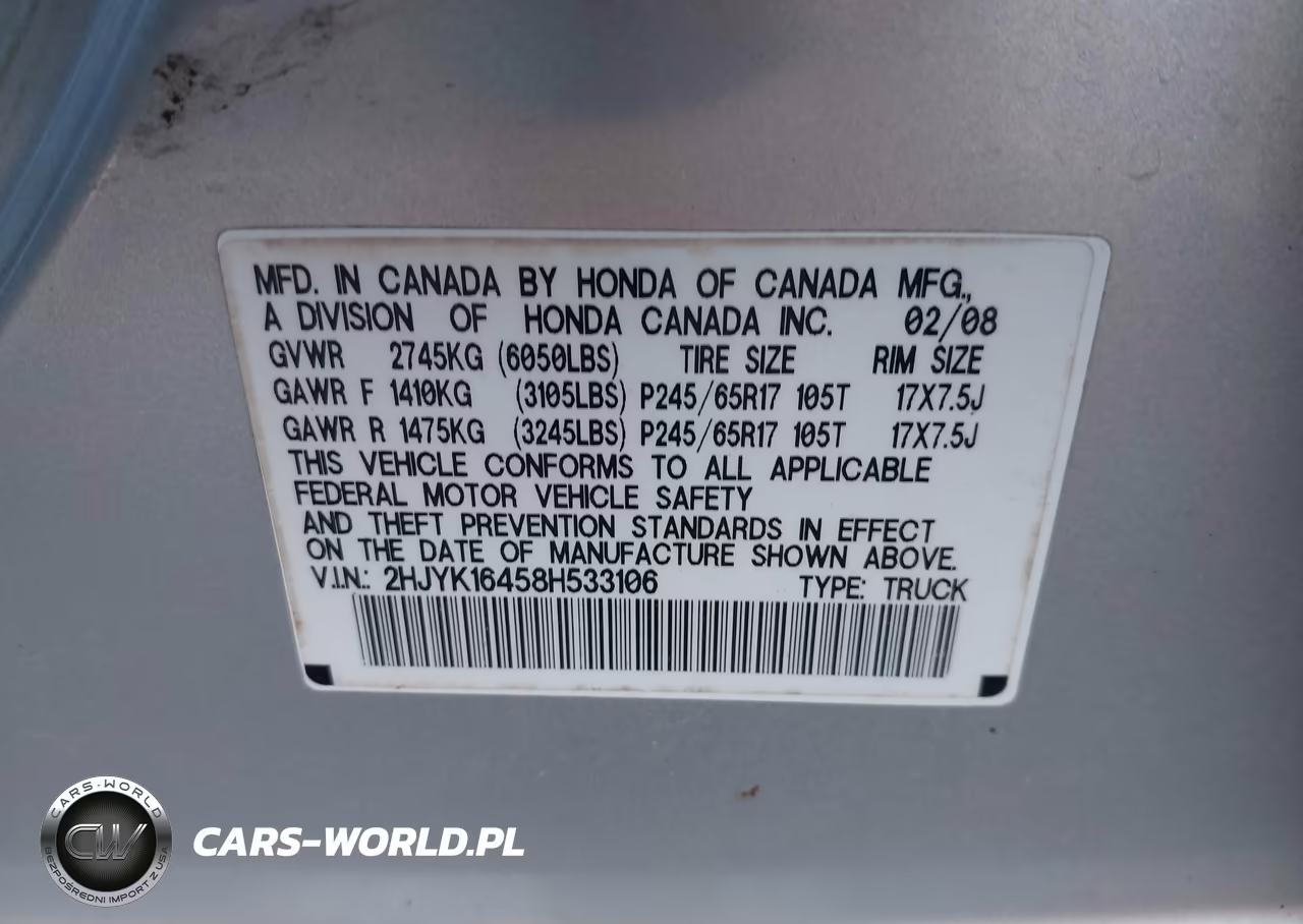 2008 Honda Ridgeline Rts VIN:2HJYK16458H533106 - 9