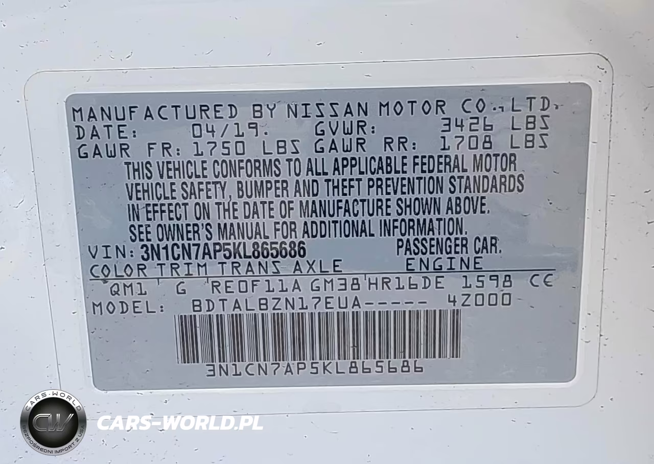 2019 Nissan Versa 1.6 Sv VIN:3N1CN7AP5KL865686 - 9