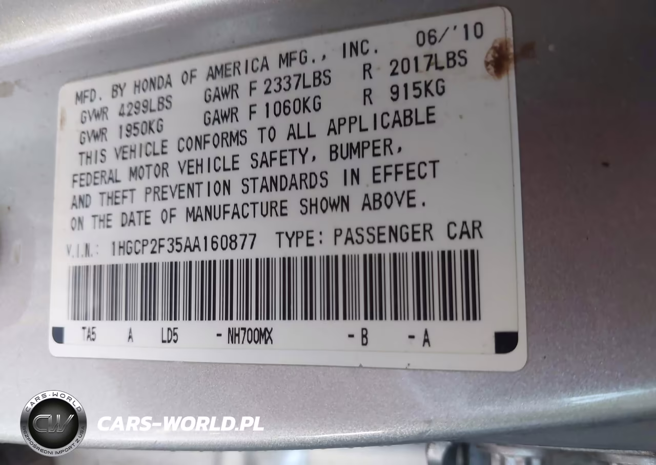 2010 Honda Accord 2.4 Lx VIN:1HGCP2F35AA160877 - 9