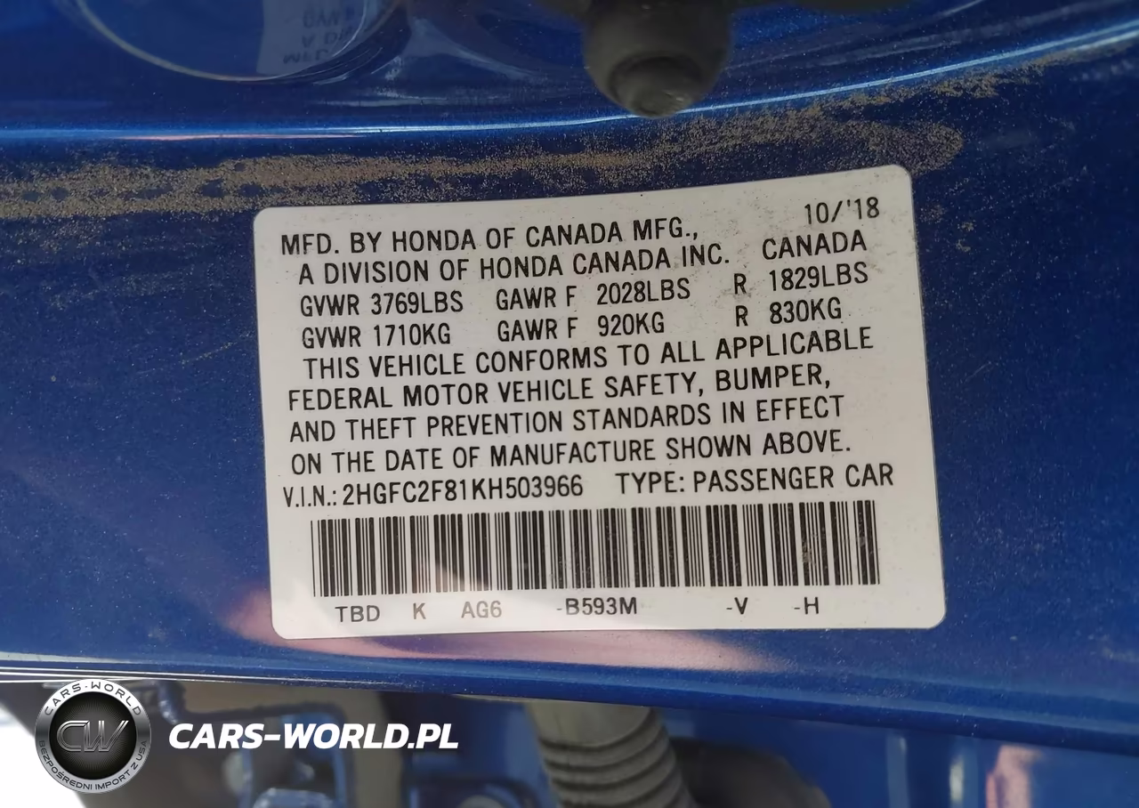 2019 Honda Civic Sport VIN:2HGFC2F81KH503966 - 9