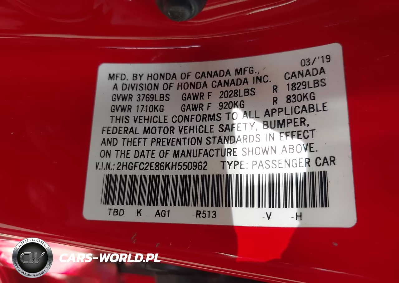 2019 Honda Civic Sport VIN:2HGFC2E86KH550962 - 9