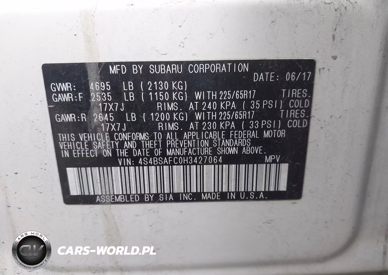 2017 Subaru Outback 2.5I Premium VIN:4S4BSAFC0H3427064 - 9