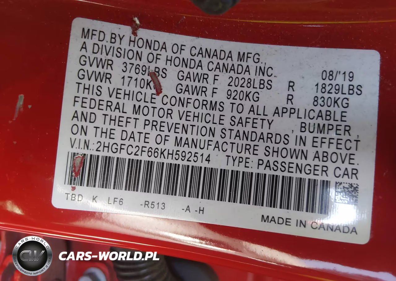 2019 Honda Civic Lx VIN:2HGFC2F66KH592514 - 9