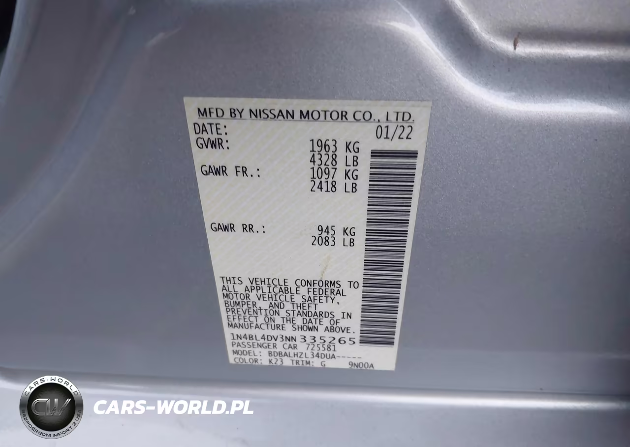 2022 Nissan Altima Sv Fwd VIN:1N4BL4DV3NN335265 - 9