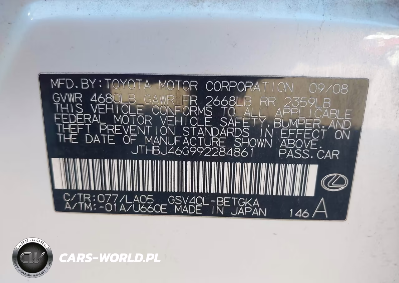 2009 Lexus Es 350 VIN:JTHBJ46G992284861 - 9