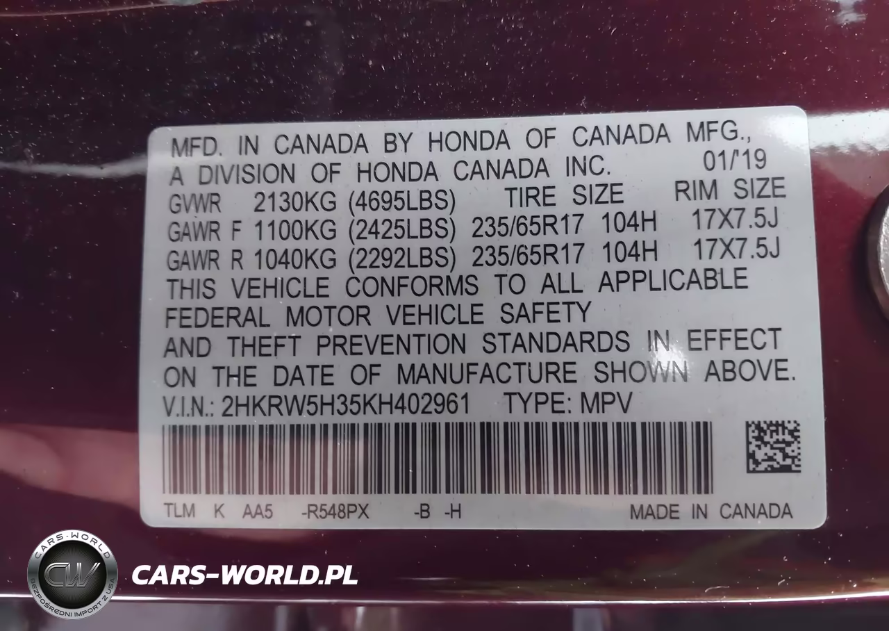 2019 Honda Cr-V Lx VIN:2HKRW5H35KH402961 - 9