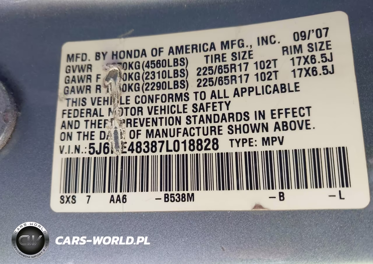 2007 Honda Cr-V Lx VIN:5J6RE48387L018828 - 9