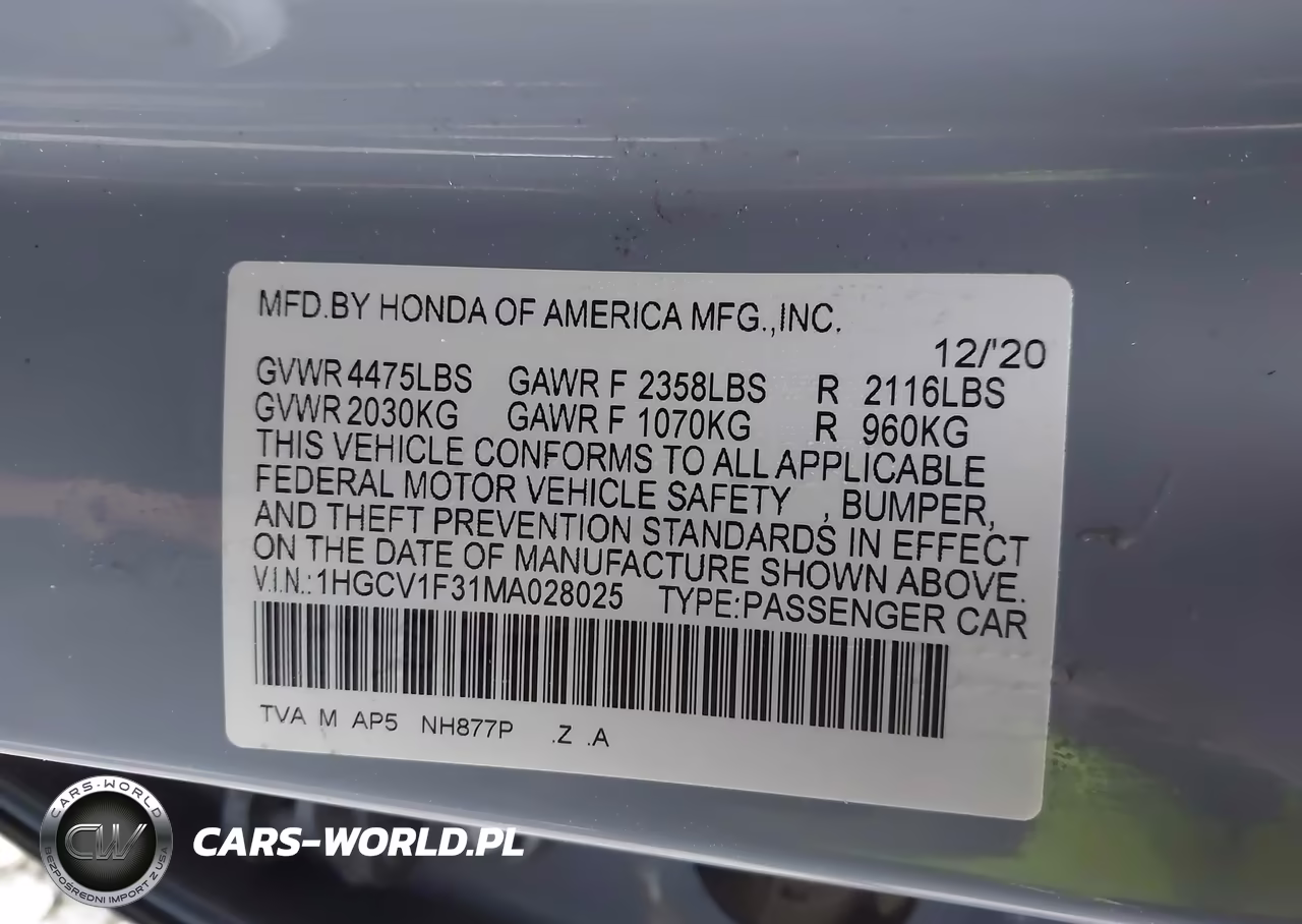 2021 Honda Accord Sport VIN:1HGCV1F31MA028025 - 9