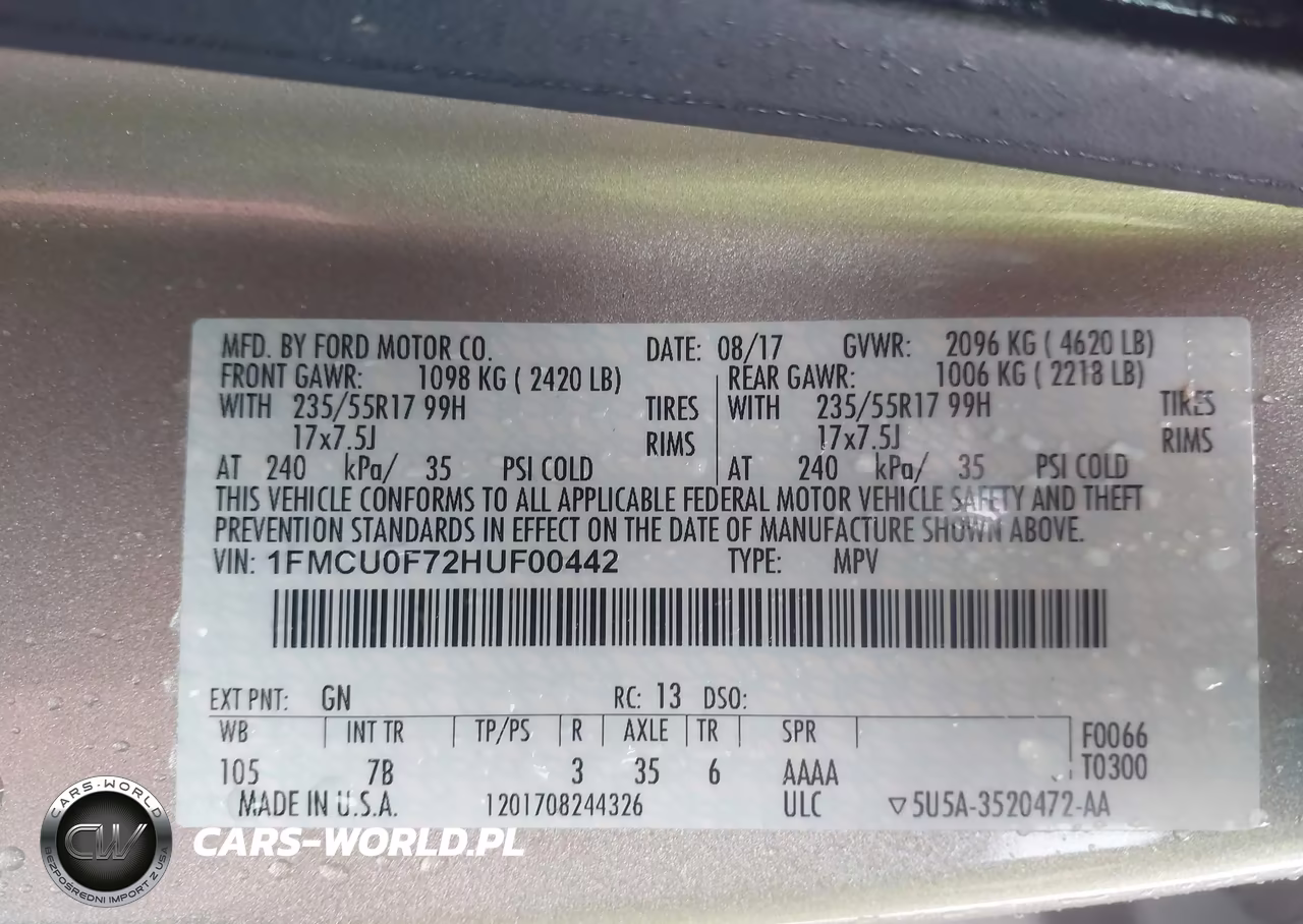 2017 Ford Escape S VIN:1FMCU0F72HUF00442 - 9