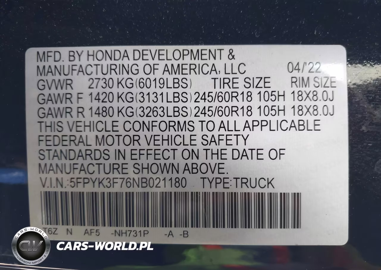 2022 Honda Ridgeline Rtl-E VIN:5FPYK3F76NB021180 - 9