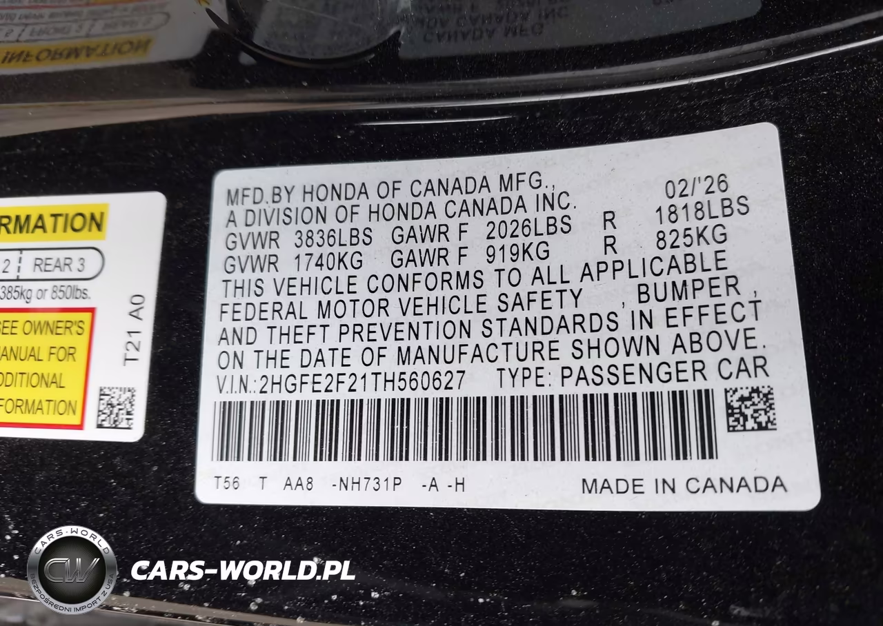 2026 Honda Civic Lx VIN:2HGFE2F21TH560627 - 9