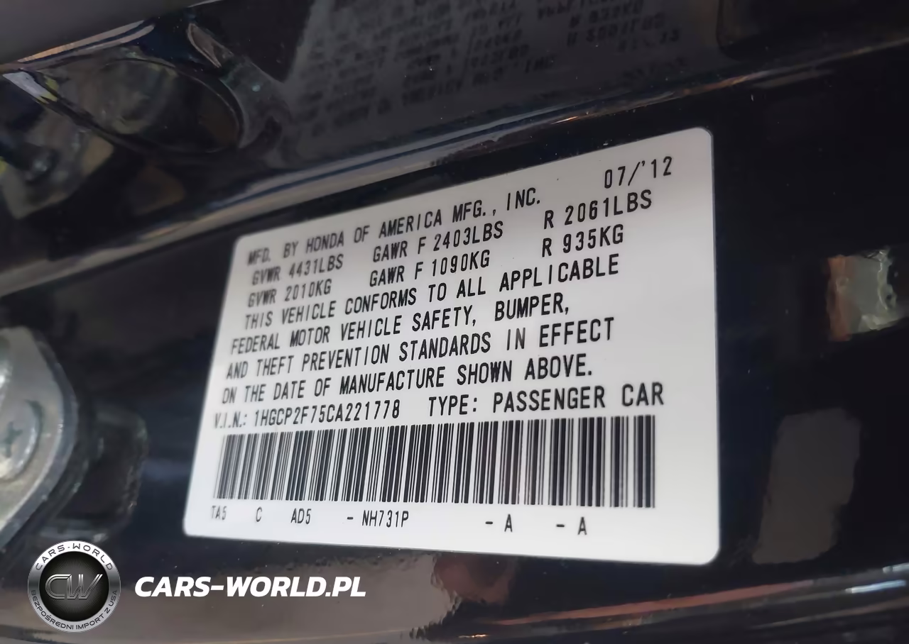 2012 Honda Accord 2.4 Ex VIN:1HGCP2F75CA221778 - 9