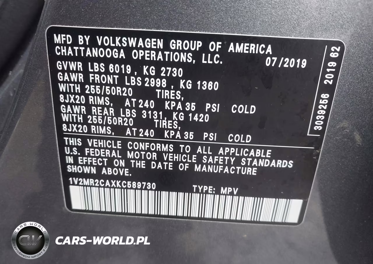 2019 Volkswagen Atlas 3.6L V6 Sel VIN:1V2MR2CAXKC589730 - 9