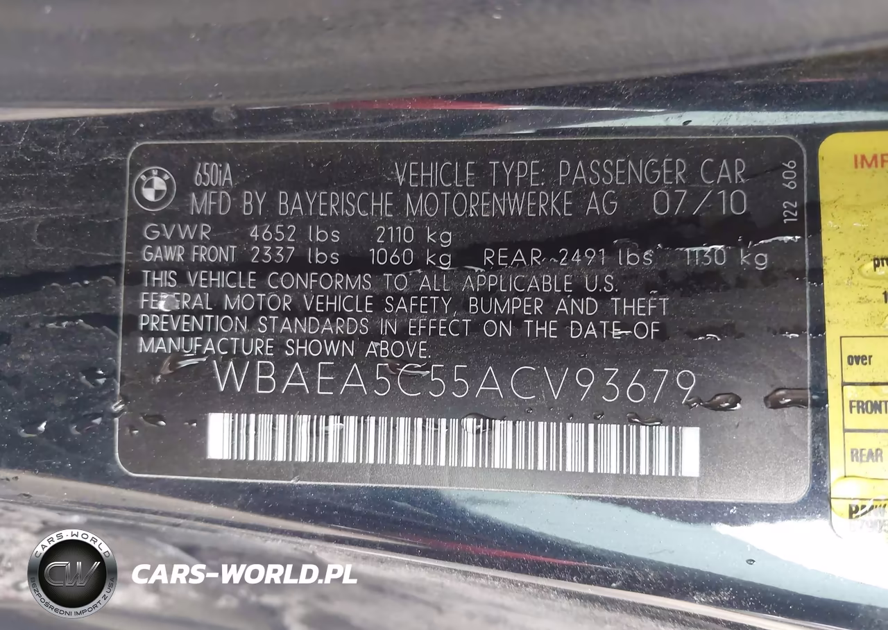 2010 BMW 650I VIN:WBAEA5C55ACV93679 - 9