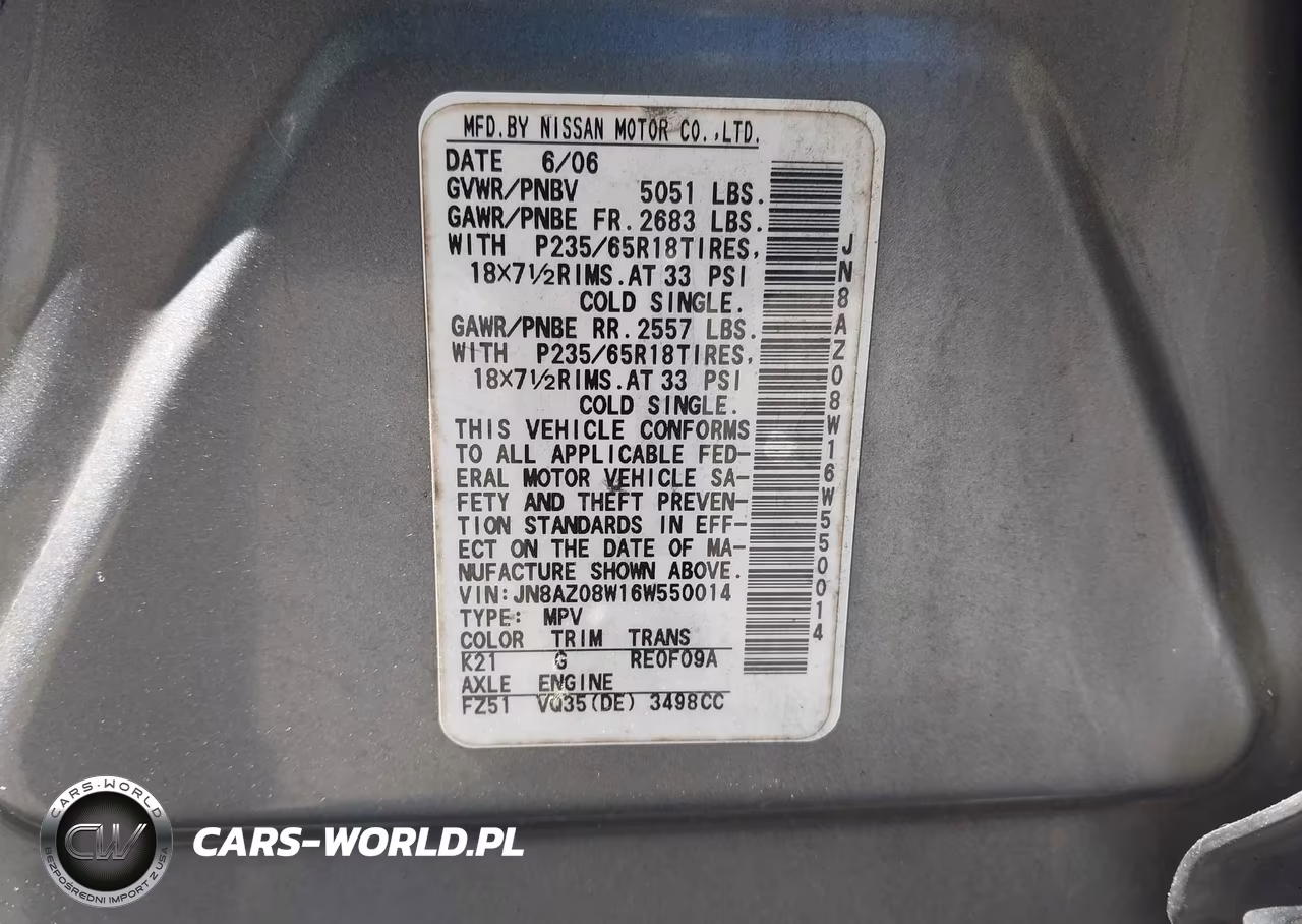 2006 Nissan Murano Sl VIN:JN8AZ08W16W550014 - 9