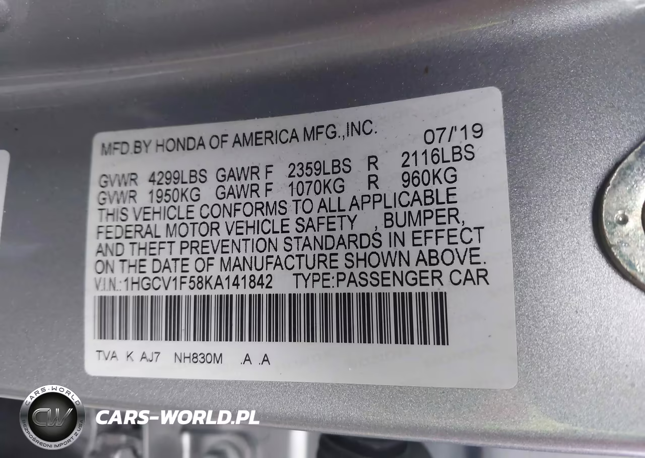 2019 Honda Accord Ex-L VIN:1HGCV1F58KA141842 - 9