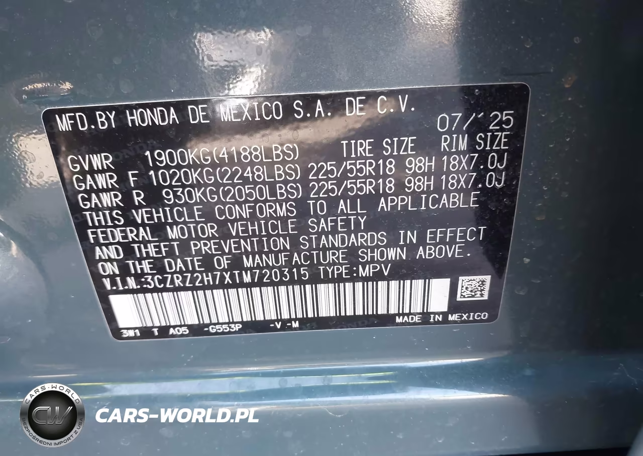 2026 Honda Hr-V Awd Ex-L VIN:3CZRZ2H7XTM720315 - 9
