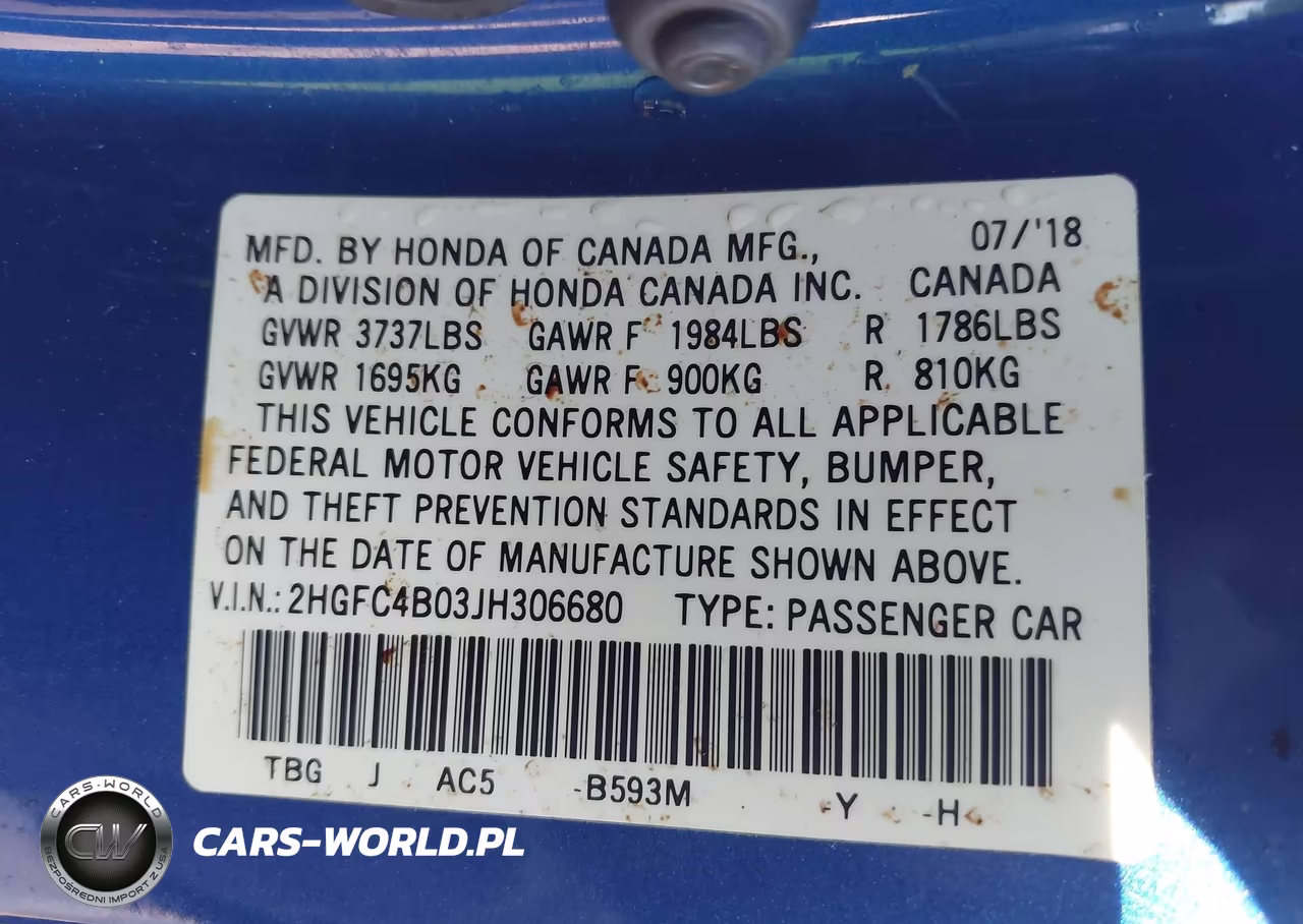 2018 Honda Civic Lx-P VIN:2HGFC4B03JH306680 - 9